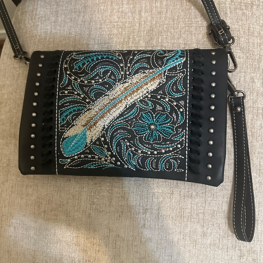 American Bling Embroidered Black and Blue Women's crossbody Bag, western - Picture 3 of 5